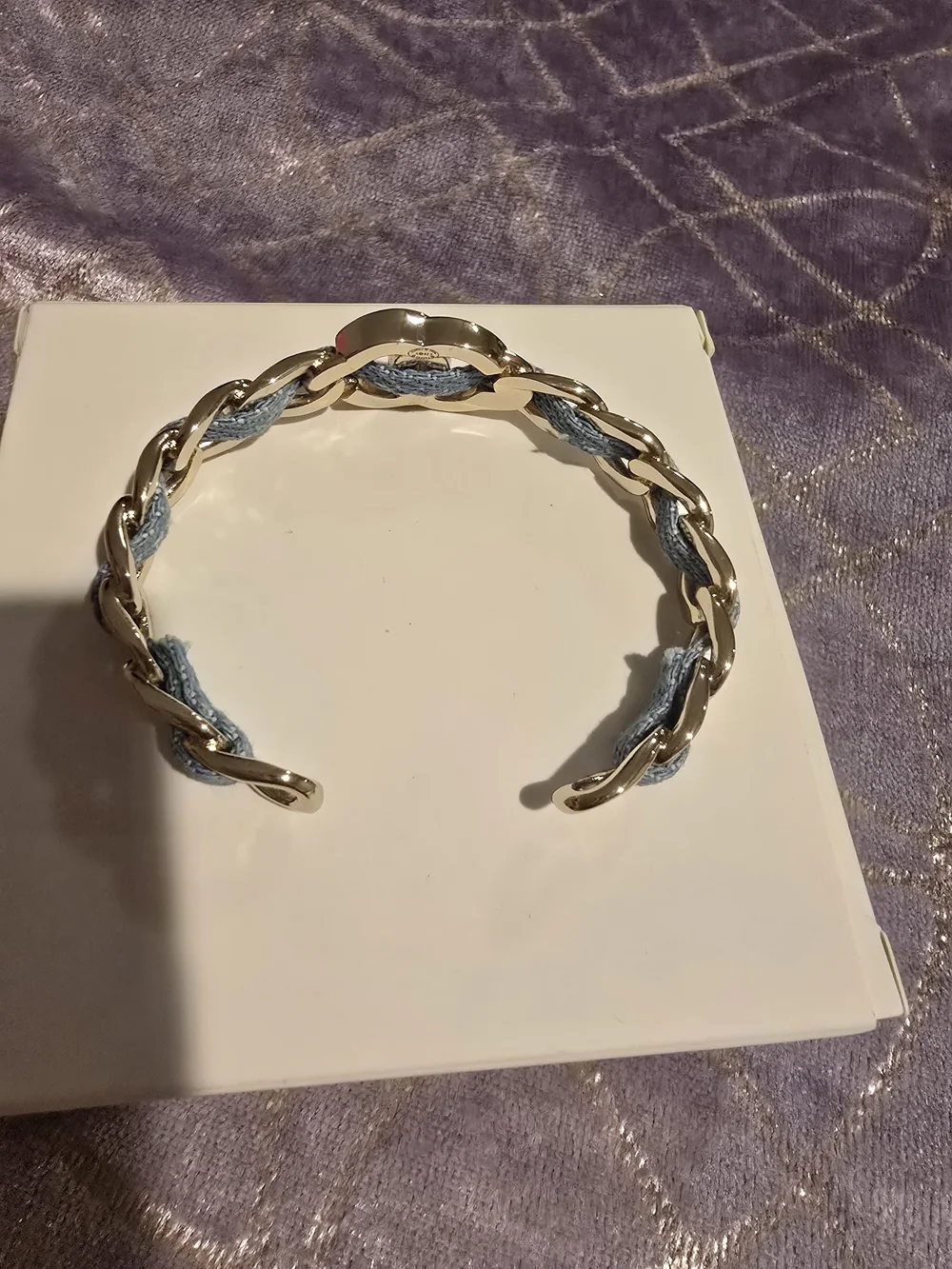 Chanel Silver Chain Bracelet with Light Blue Woven Band